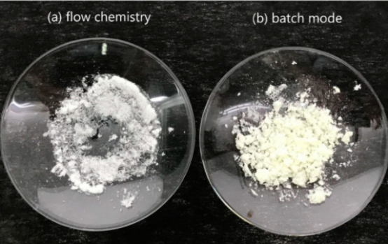 ( a ) 流動化學(xué)和 ( b ) 分批模式生產(chǎn)的 TNT 。流動化學(xué)樣品為白色，而批處理模式樣品因雜質(zhì)而呈黃色。