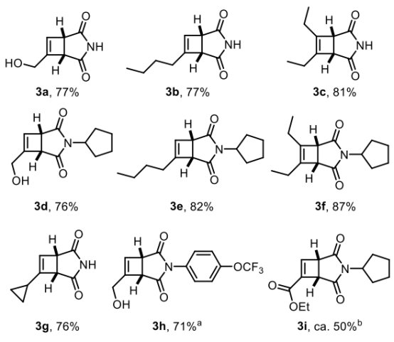 Figure 1 連續(xù)環(huán)丁烯合成的底物范圍；使用20mol%的噻噸酮； b 對(duì)二氧化硅不穩(wěn)定。